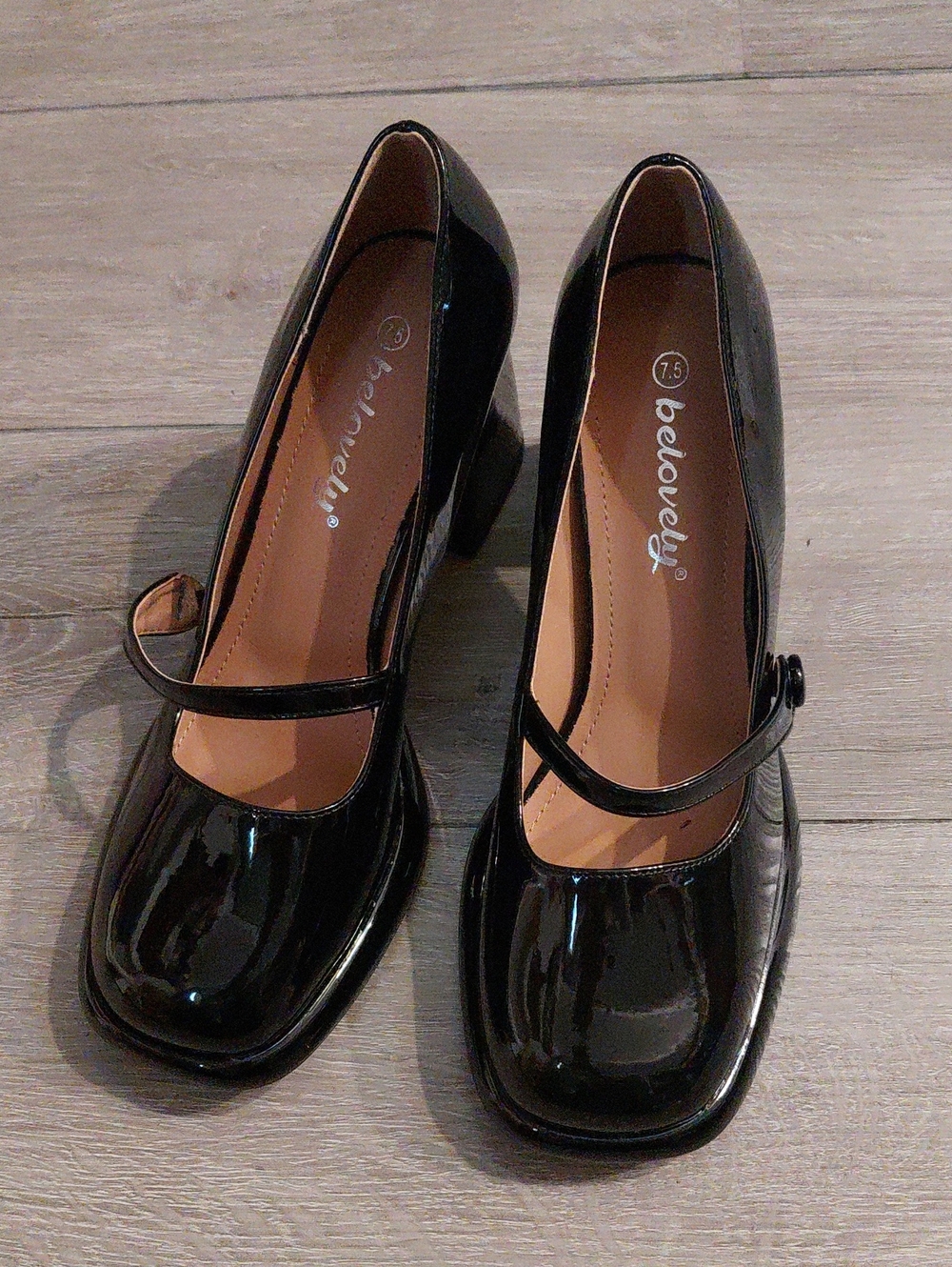 Belovely Black Patent Mary Jane Block Heels